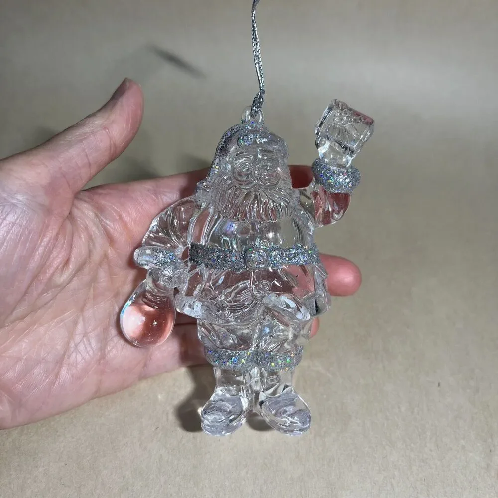 Set of 5 Acrylic Iridescent Glitter Christmas Tree Ornaments Santa, Bear, Grapes